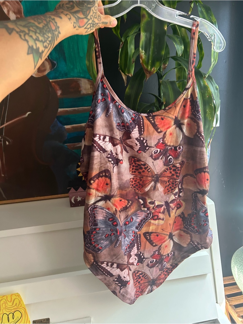 Butterfly Moth Print Scoop Neck Tank Top Y2K Fairycore Brown Orange